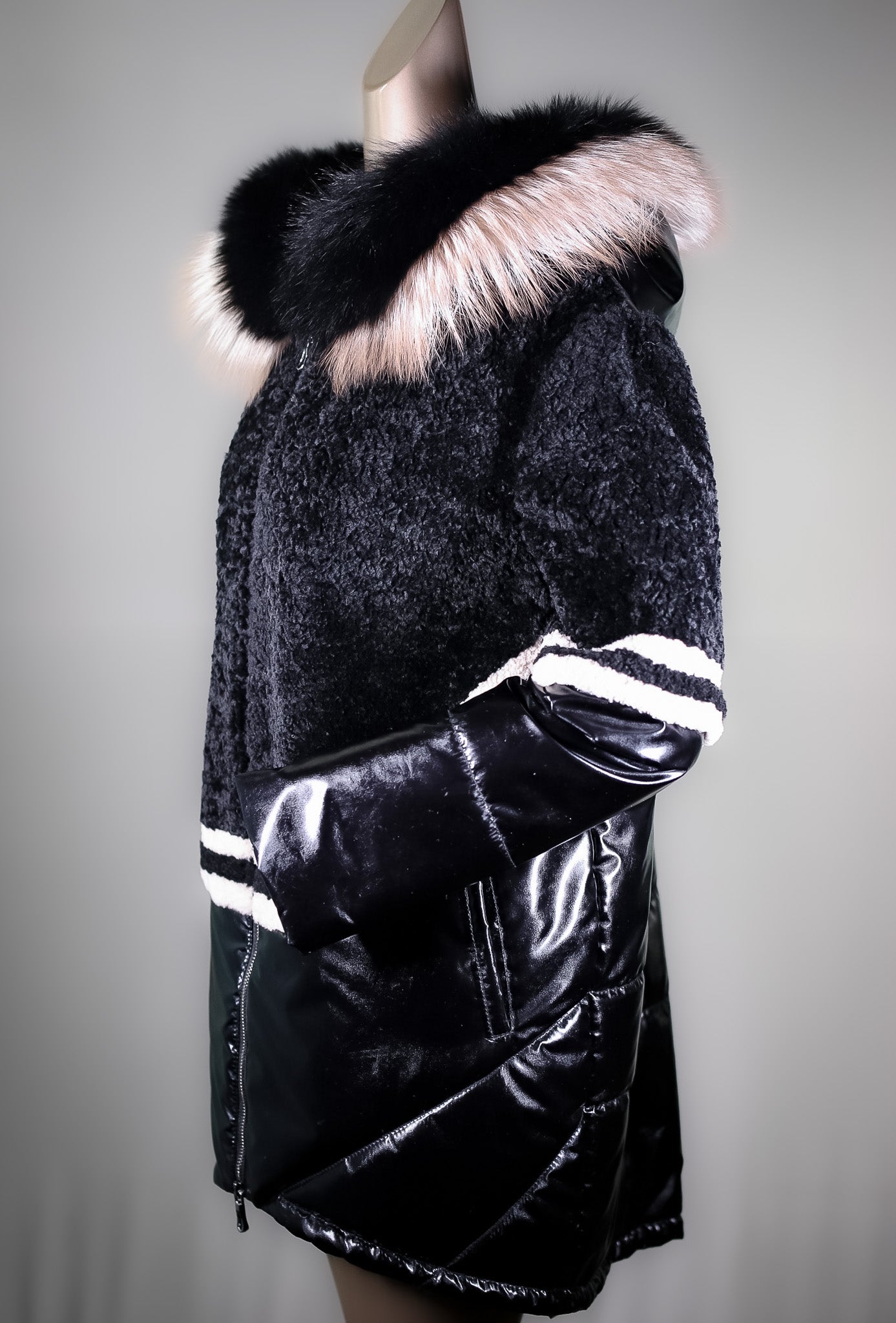 Lamb Shearling Jacket with Fox Trimmed Hood and Removable Nylon Sleeves