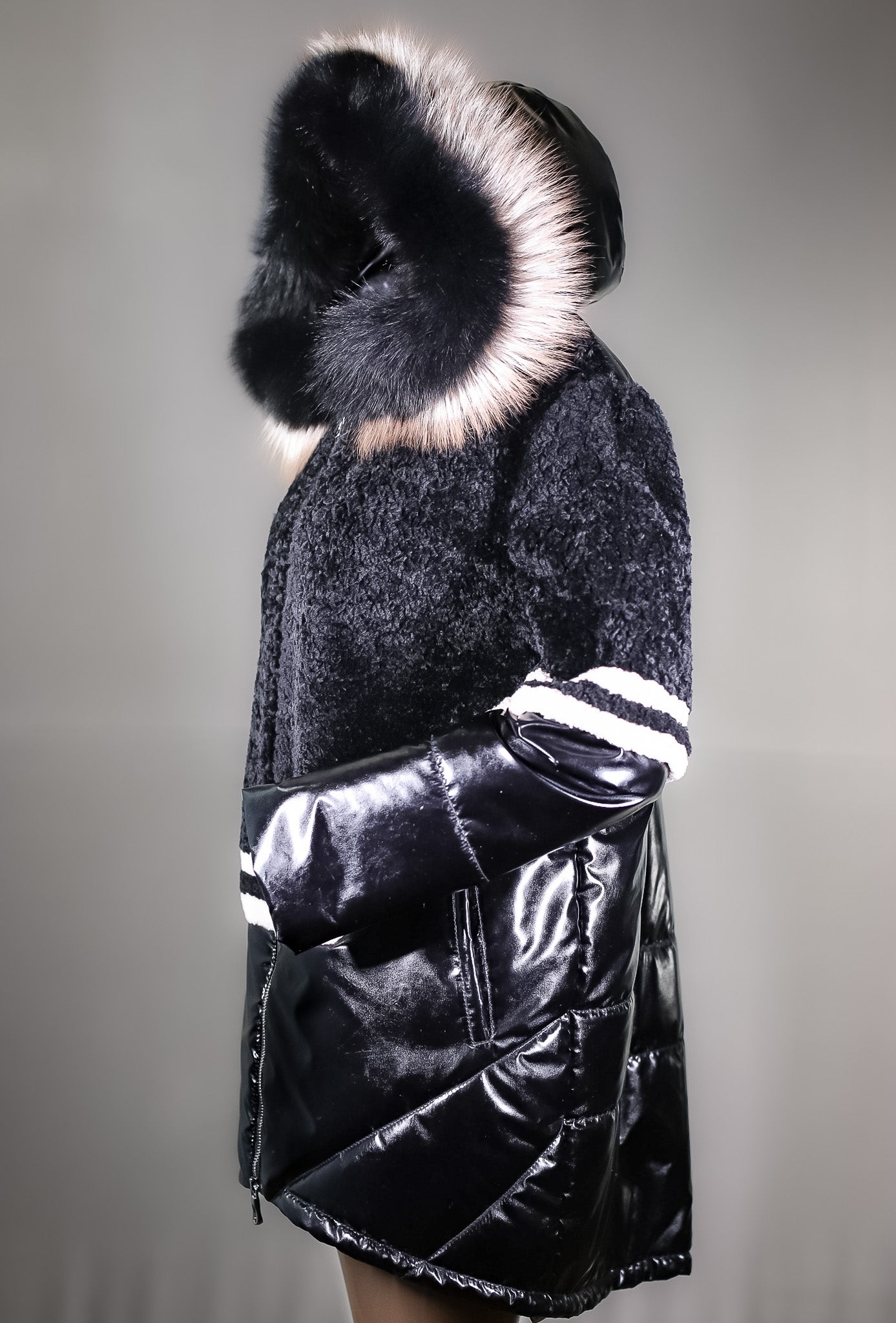 Lamb Shearling Jacket with Fox Trimmed Hood and Removable Nylon Sleeves