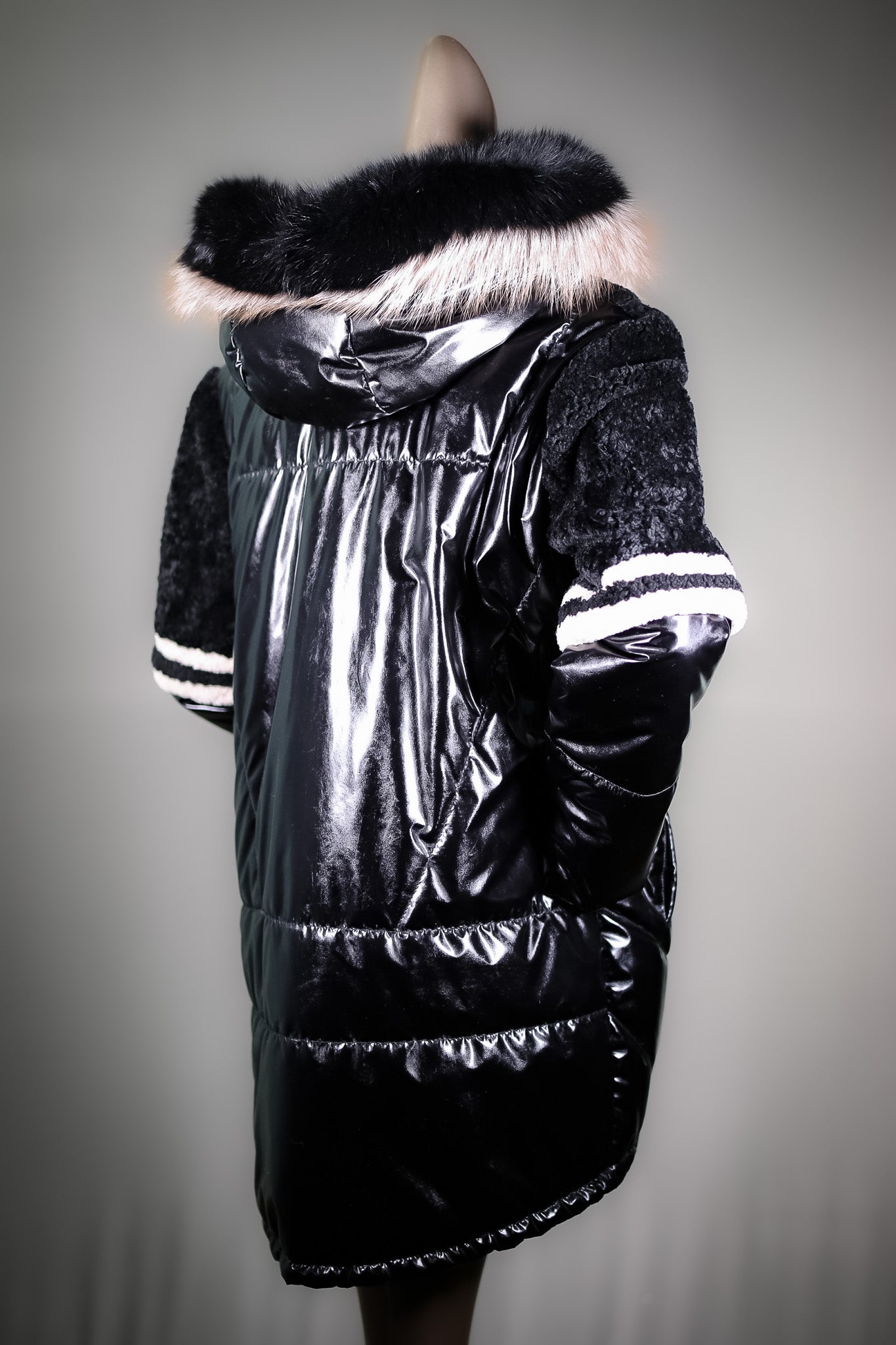 Lamb Shearling Jacket with Fox Trimmed Hood and Removable Nylon Sleeves