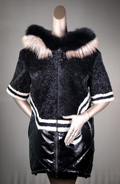 Lamb Shearling Jacket with Fox Trimmed Hood and Removable Nylon Sleeves