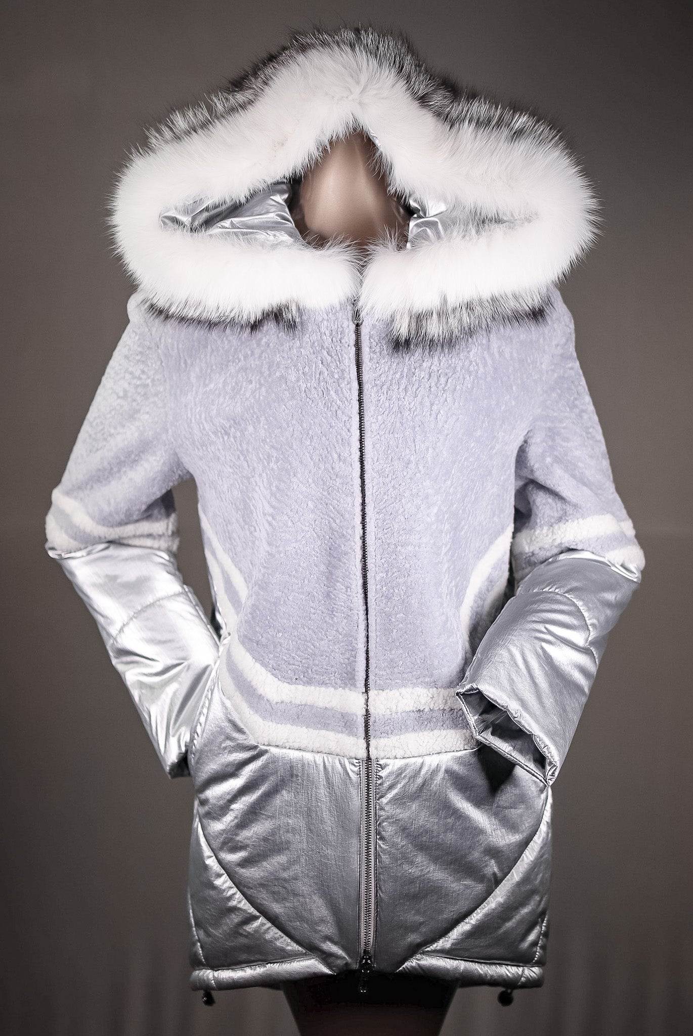 Lamb Shearling Jacket with Fox Trimmed Hood and Removable Nylon Sleeves