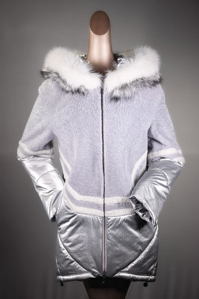 Lamb Shearling Jacket with Fox Trimmed Hood and Removable Nylon Sleeves