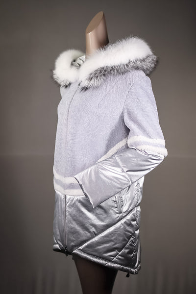 Lamb Shearling Jacket with Fox Trimmed Hood and Removable Nylon Sleeves