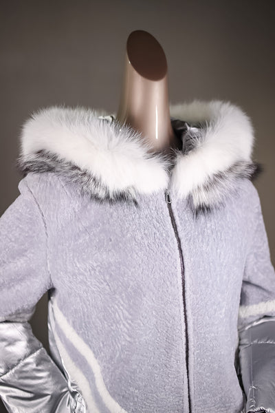 Lamb Shearling Jacket with Fox Trimmed Hood and Removable Nylon Sleeves