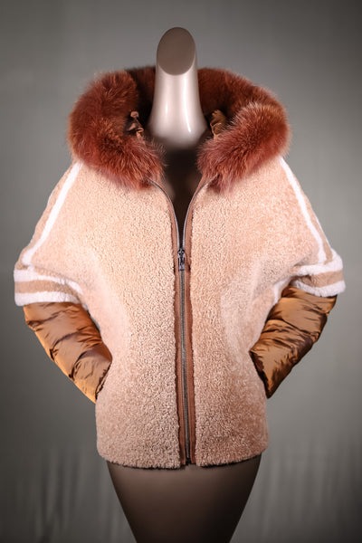 Lamb Shearling Jacket with Fox Trimmed Hood and Removable Nylon Sleeves