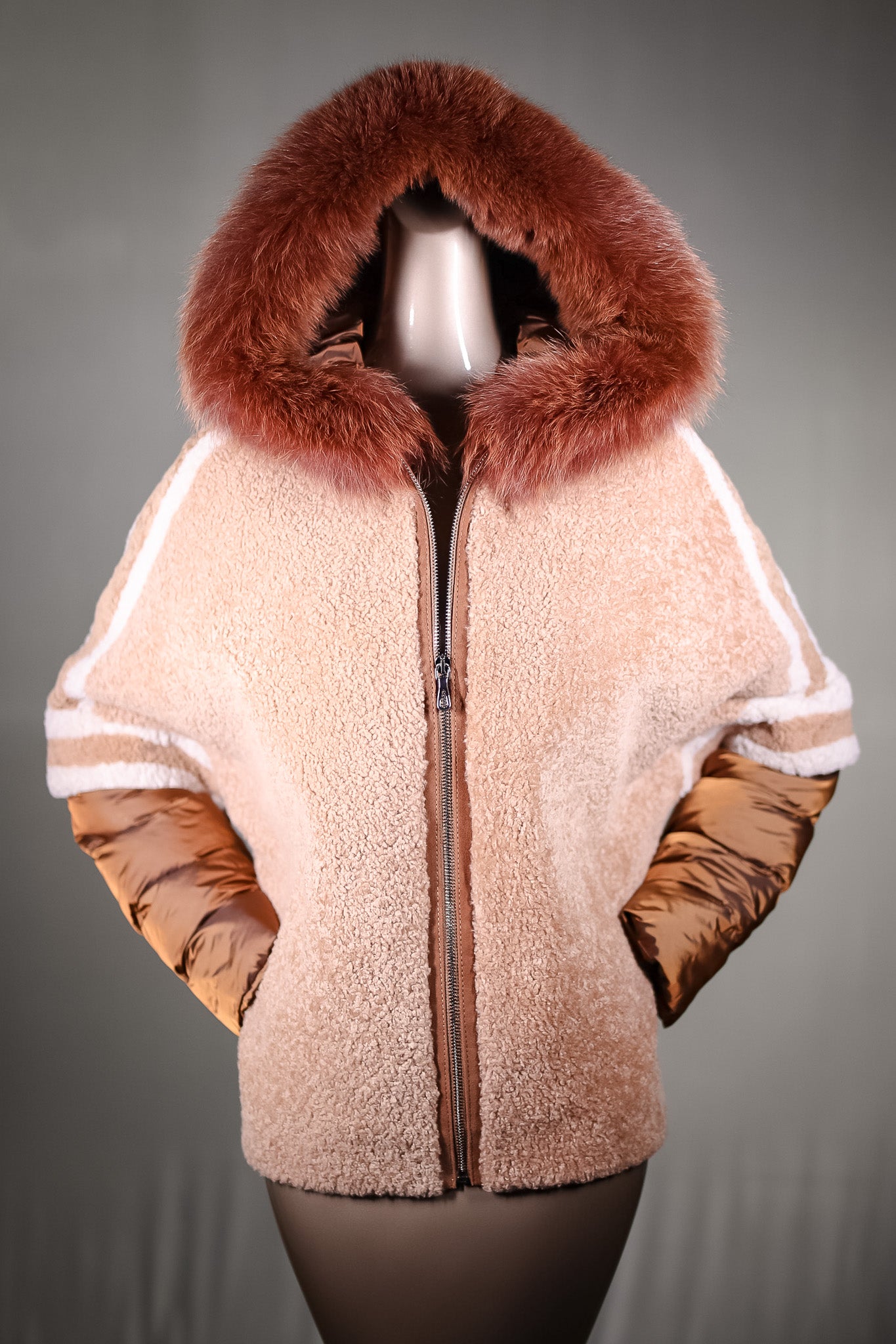 Lamb Shearling Jacket with Fox Trimmed Hood and Removable Nylon Sleeves