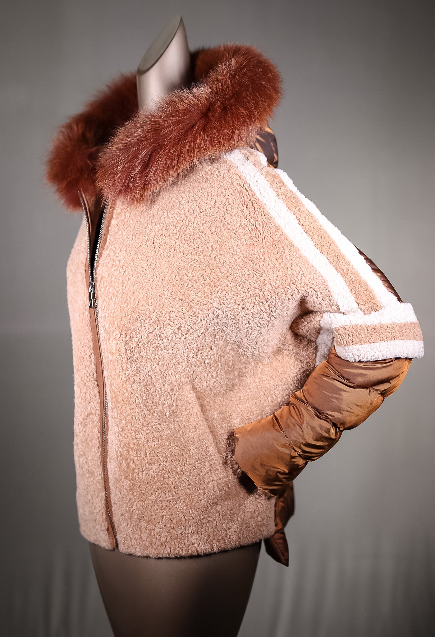 Lamb Shearling Jacket with Fox Trimmed Hood and Removable Nylon Sleeves