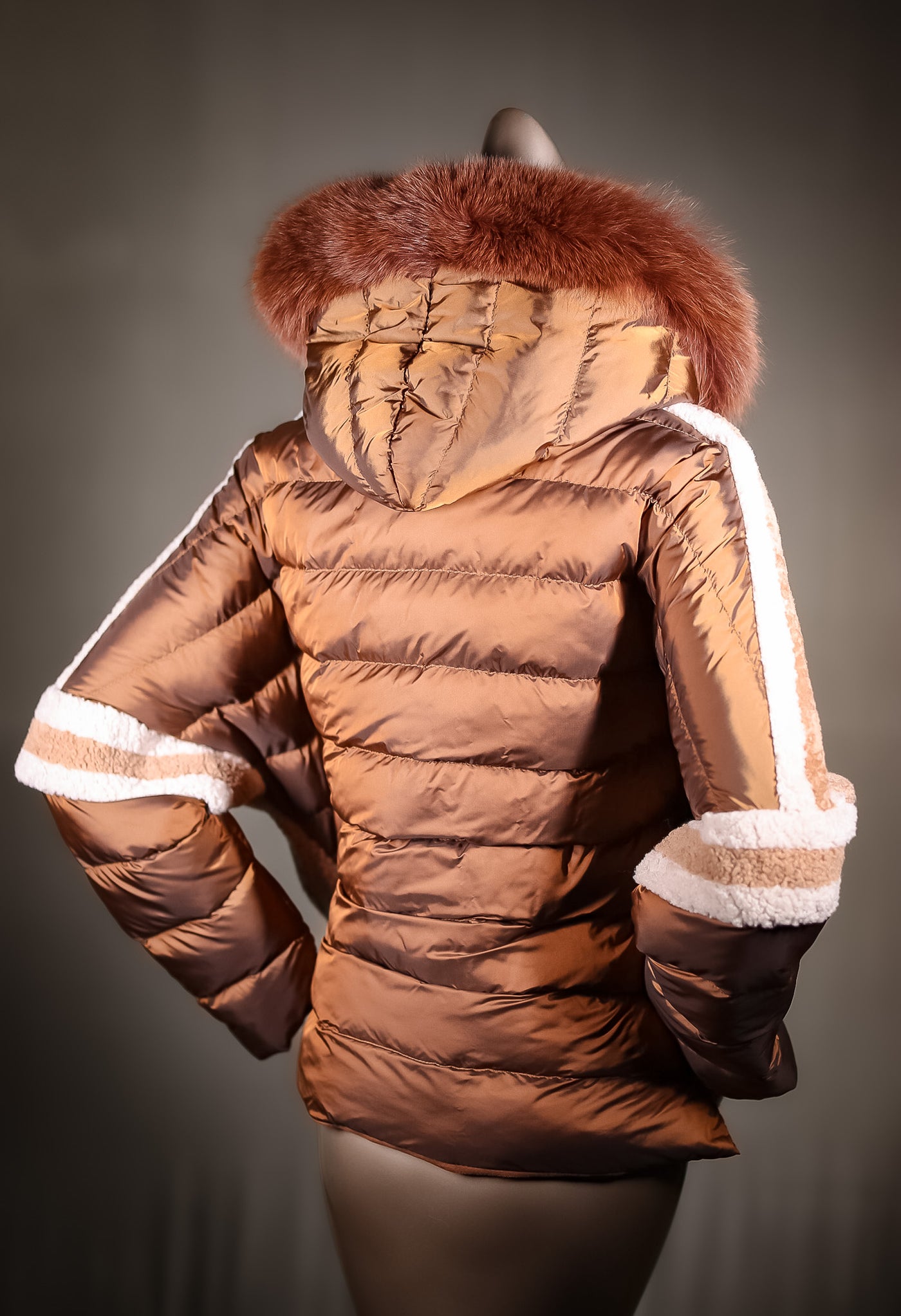 Lamb Shearling Jacket with Fox Trimmed Hood and Removable Nylon Sleeves