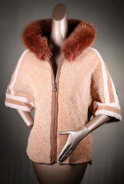 Lamb Shearling Jacket with Fox Trimmed Hood and Removable Nylon Sleeves