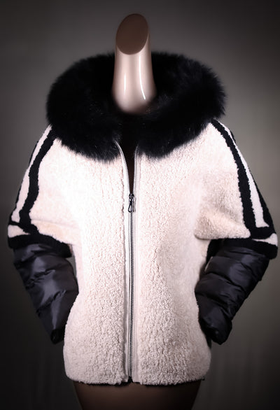 Lamb Shearling Jacket with Fox Trimmed Hood and Removable Nylon Sleeves