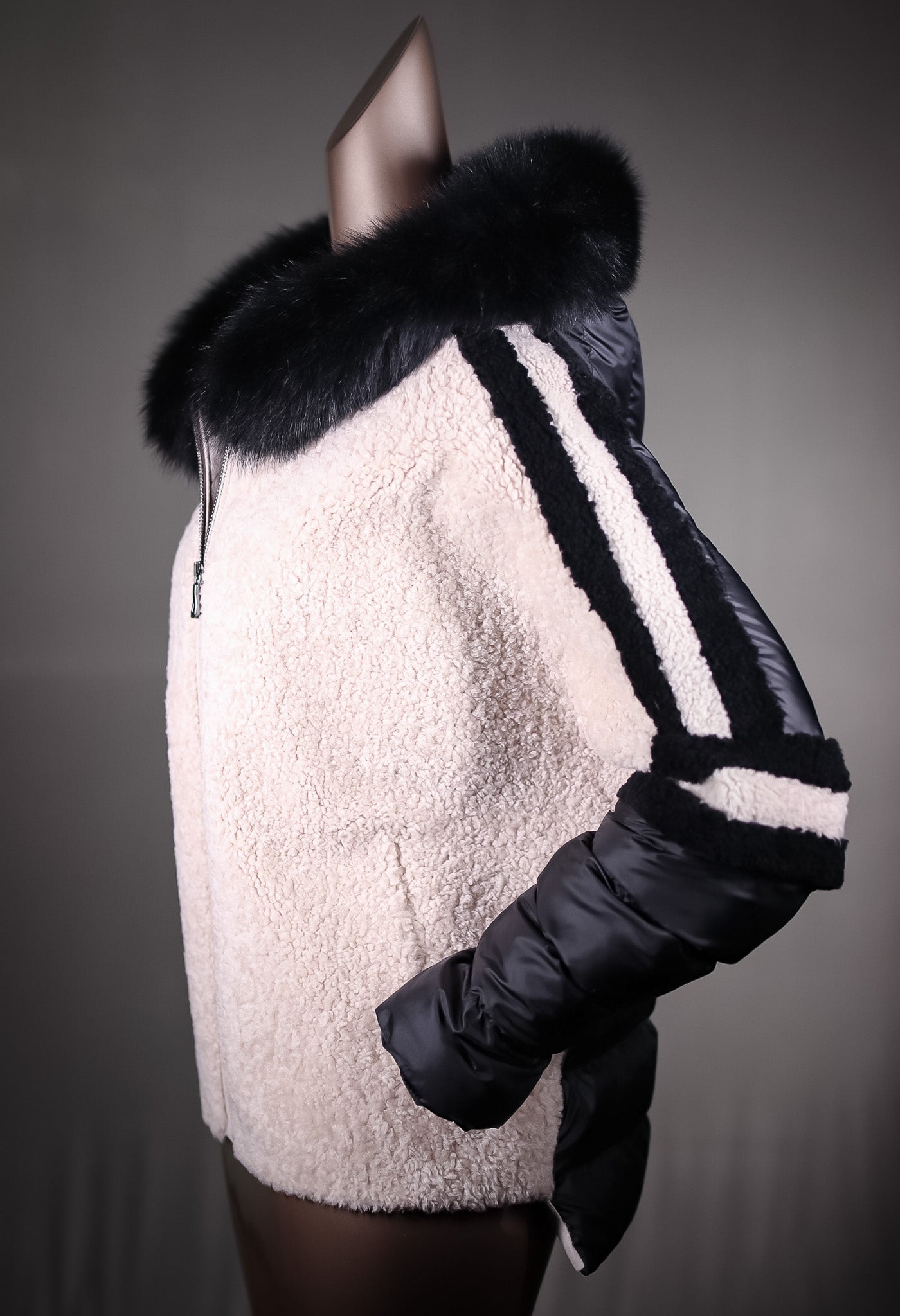 Lamb Shearling Jacket with Fox Trimmed Hood and Removable Nylon Sleeves