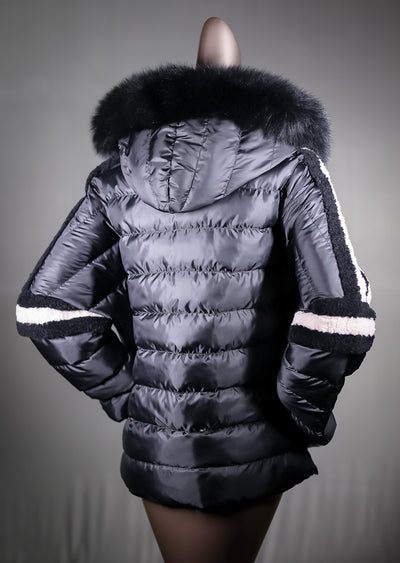 Lamb Shearling Jacket with Fox Trimmed Hood and Removable Nylon Sleeves