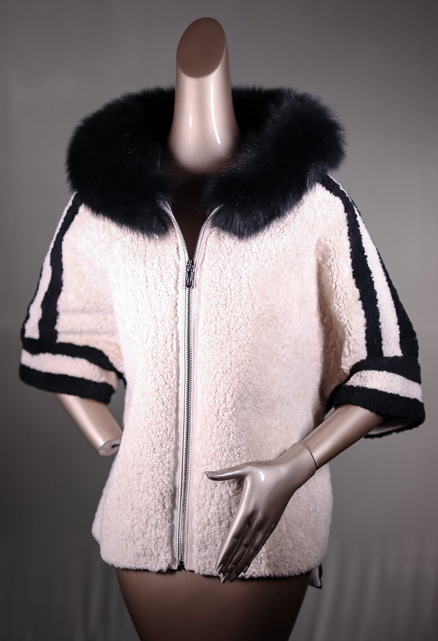 Lamb Shearling Jacket with Fox Trimmed Hood and Removable Nylon Sleeves