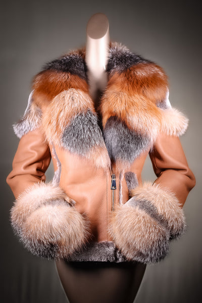 Shearling Leather Jacket with Cross Fox Collar and Cuff Trim