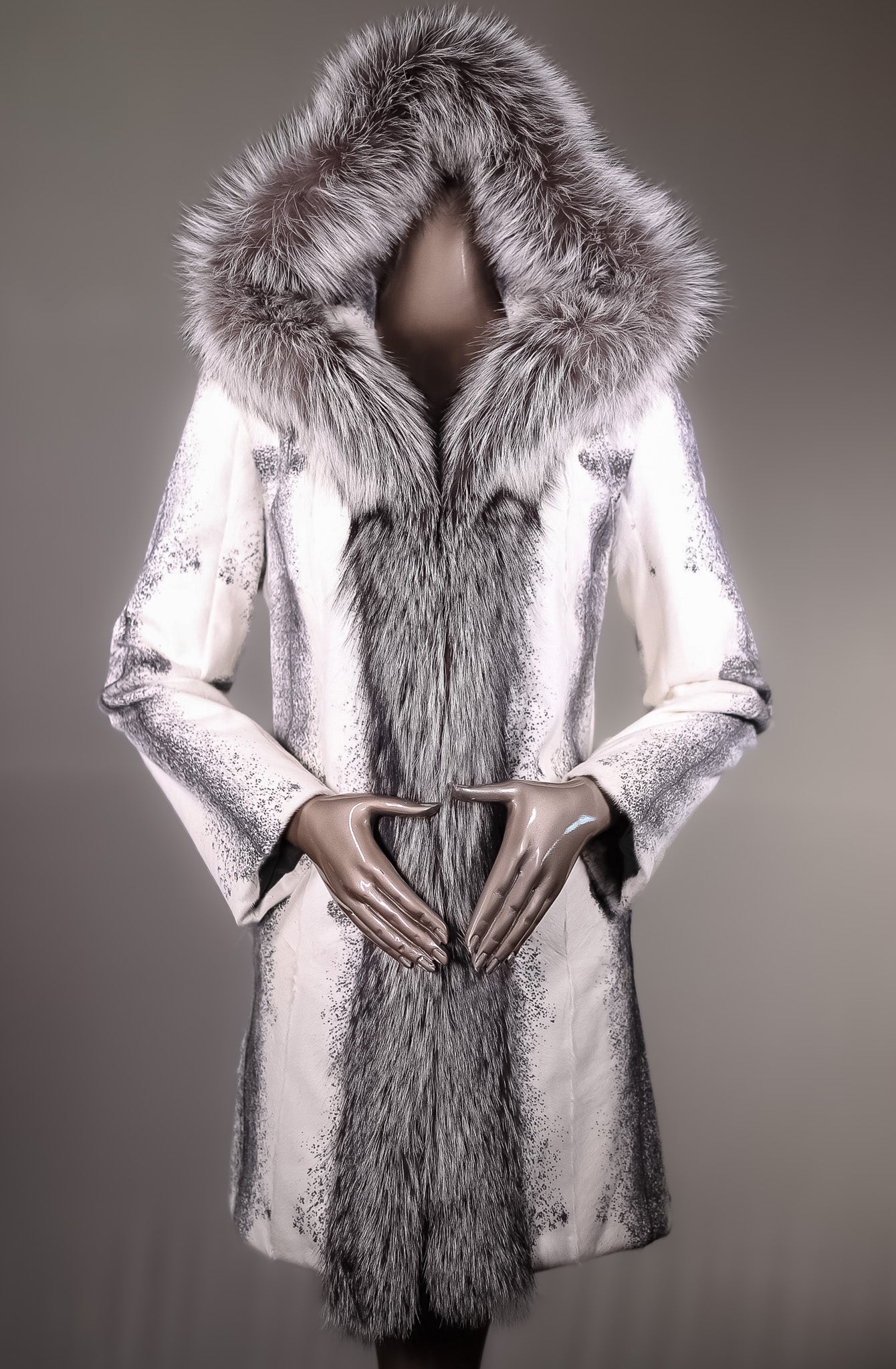 Cross Goat Skin Hooded Stroller with Silver Fox Tuxedo
