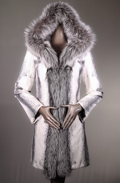 Cross Goat Skin Hooded Stroller with Silver Fox Tuxedo