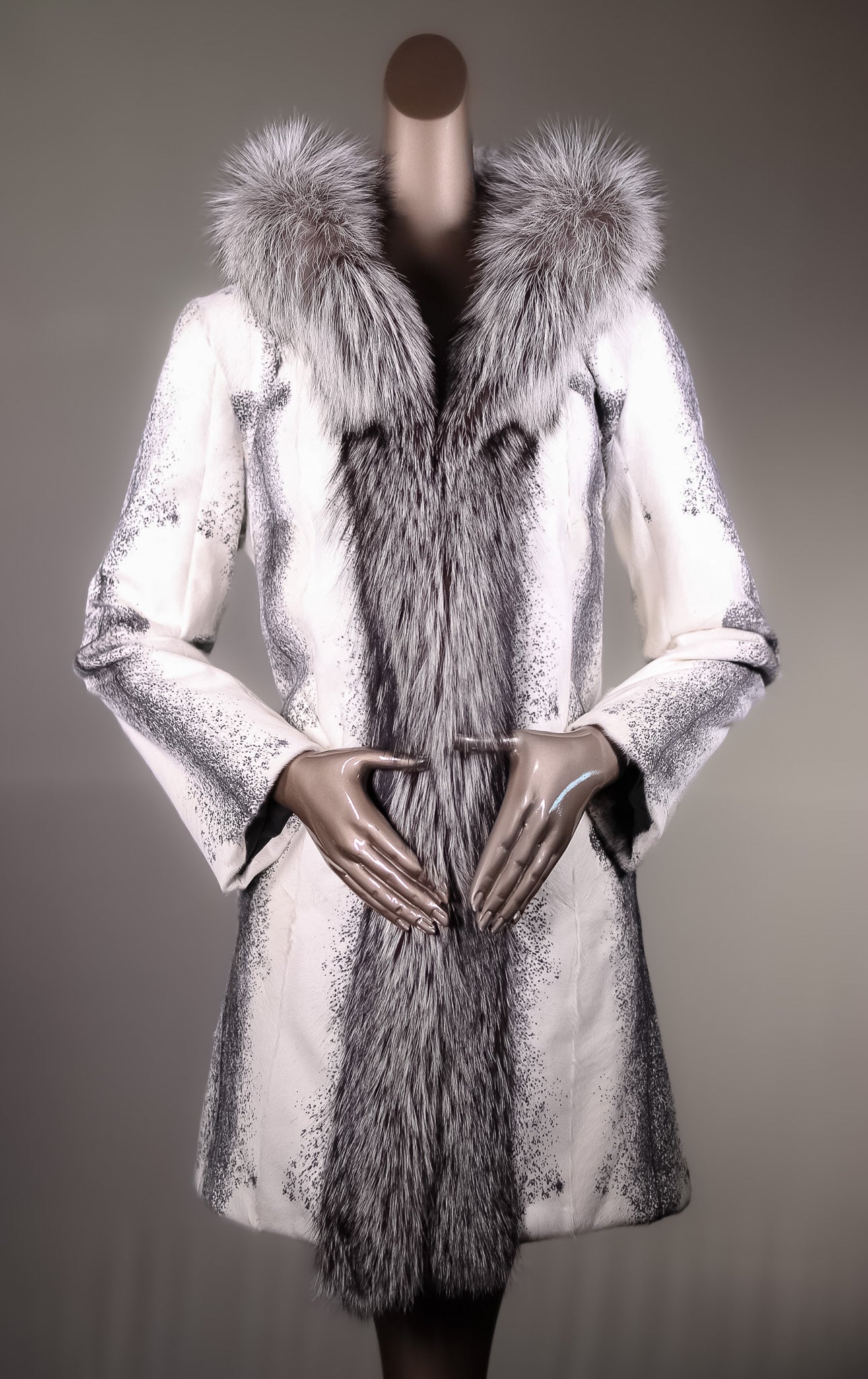 Cross Goat Skin Hooded Stroller with Silver Fox Tuxedo