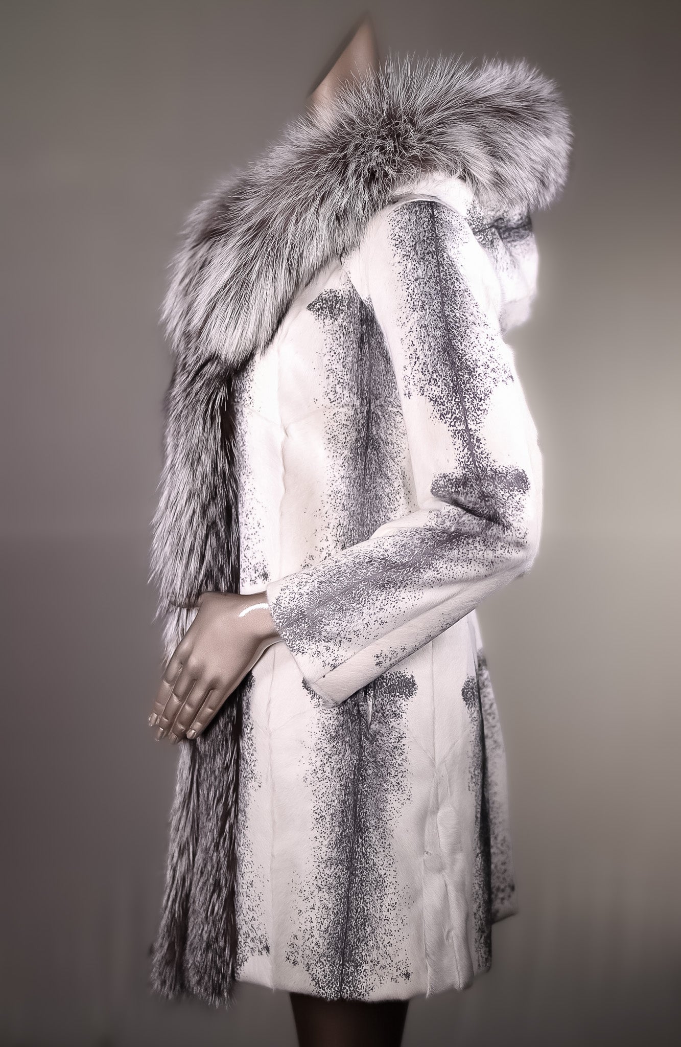 Cross Goat Skin Hooded Stroller with Silver Fox Tuxedo