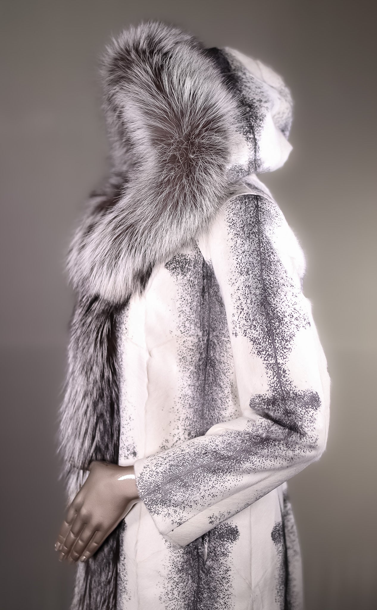Cross Goat Skin Hooded Stroller with Silver Fox Tuxedo