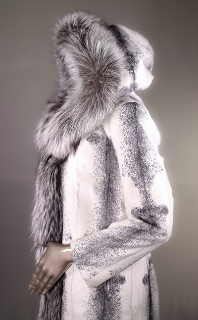 Cross Goat Skin Hooded Stroller with Silver Fox Tuxedo