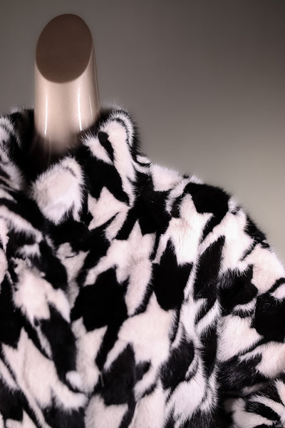 Black and White Houndstooth Belted Sectional Mink Cape