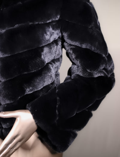 Chinchilla REX Rabbit Chevron-Paneled Hooded Reversible Jacket