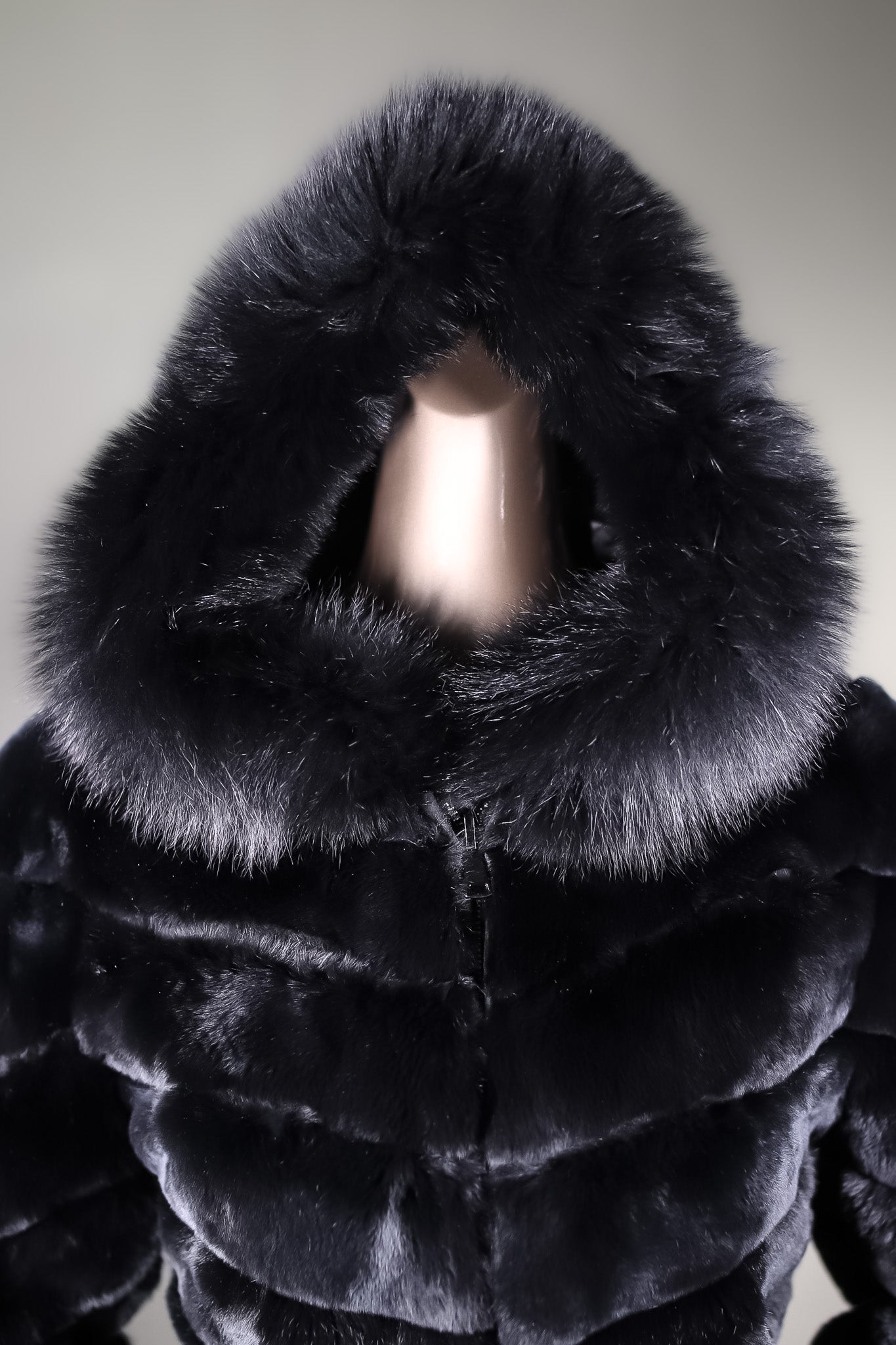 Chinchilla REX Rabbit Chevron-Paneled Hooded Reversible Jacket