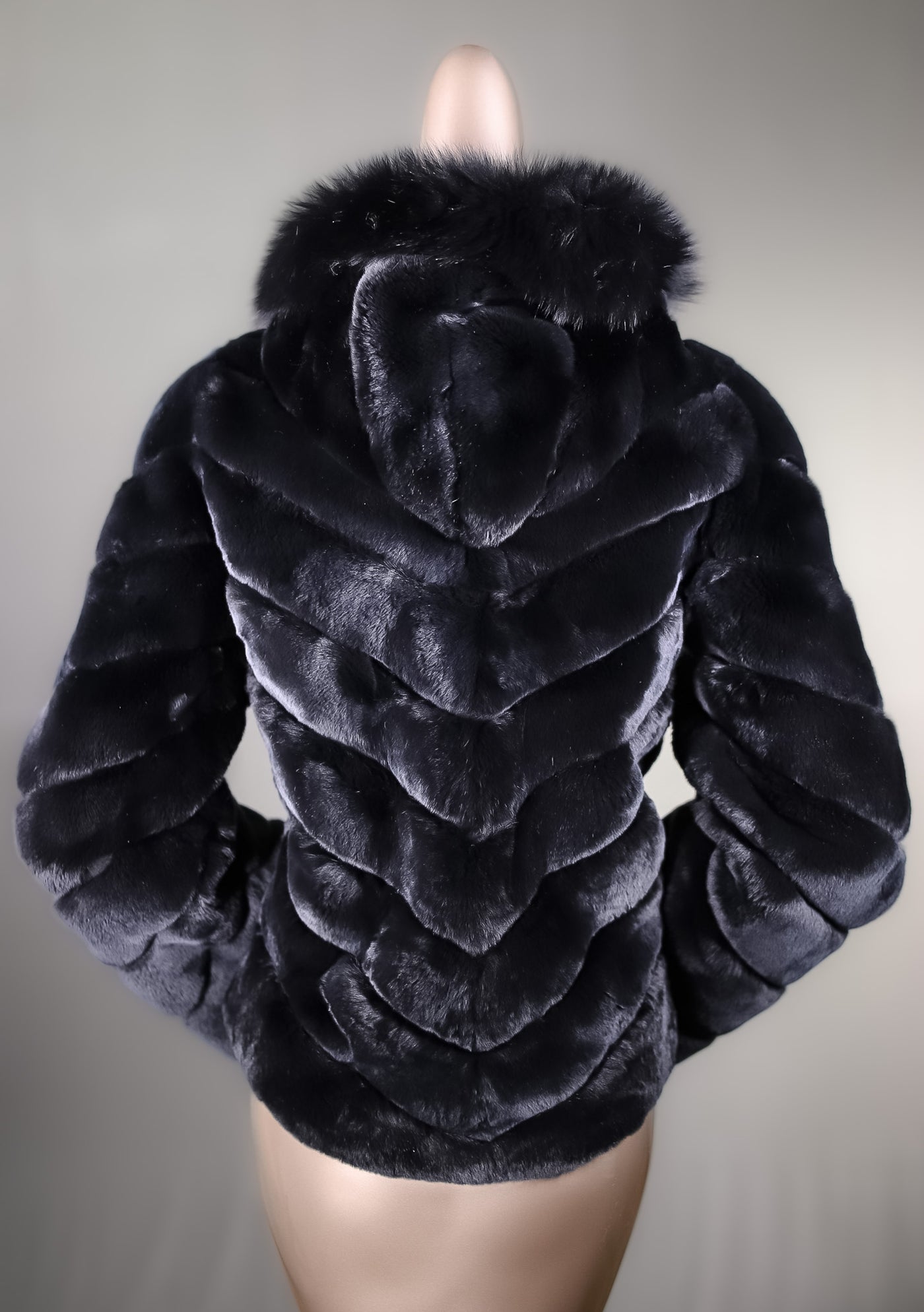 Chinchilla REX Rabbit Chevron-Paneled Hooded Reversible Jacket
