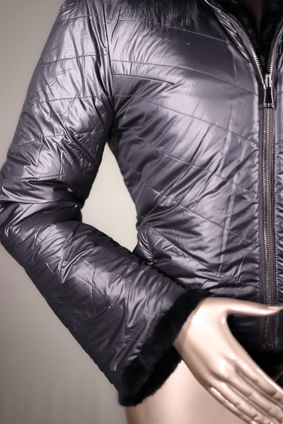 Chinchilla REX Rabbit Chevron-Paneled Hooded Reversible Jacket