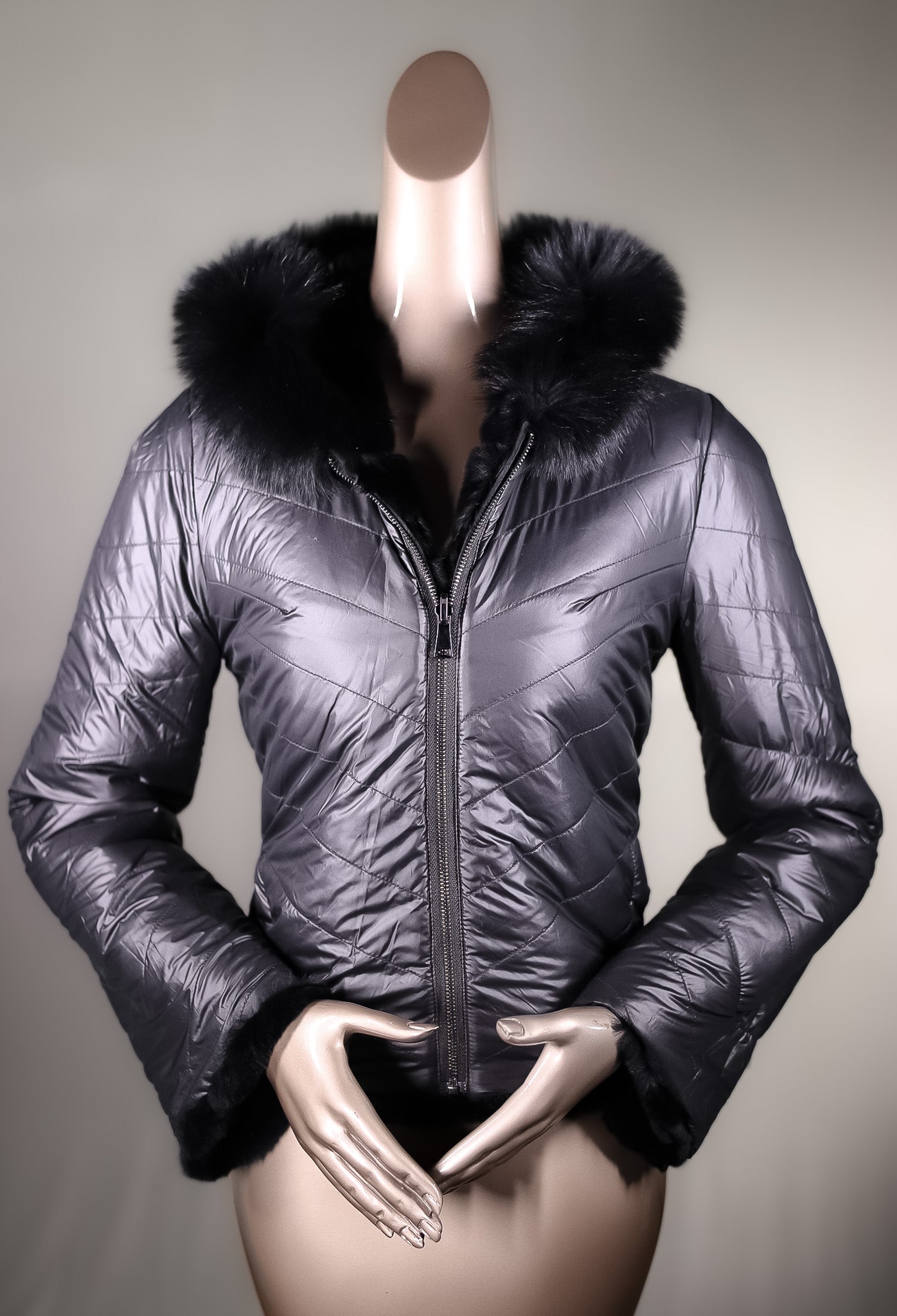 Chinchilla REX Rabbit Chevron-Paneled Hooded Reversible Jacket