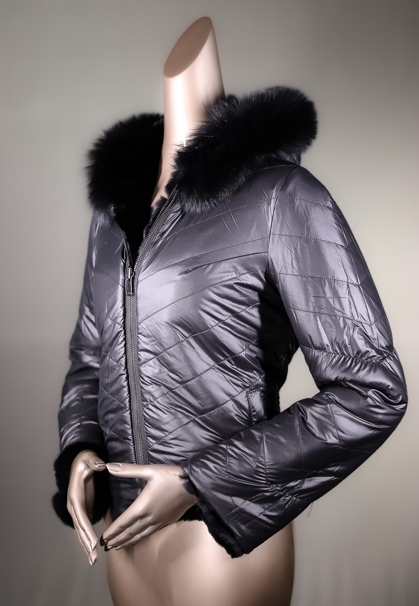Chinchilla REX Rabbit Chevron-Paneled Hooded Reversible Jacket