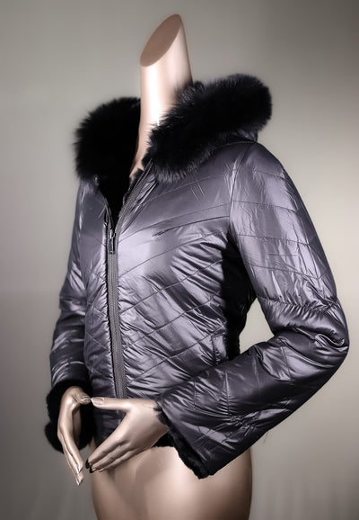 Chinchilla REX Rabbit Chevron-Paneled Hooded Reversible Jacket