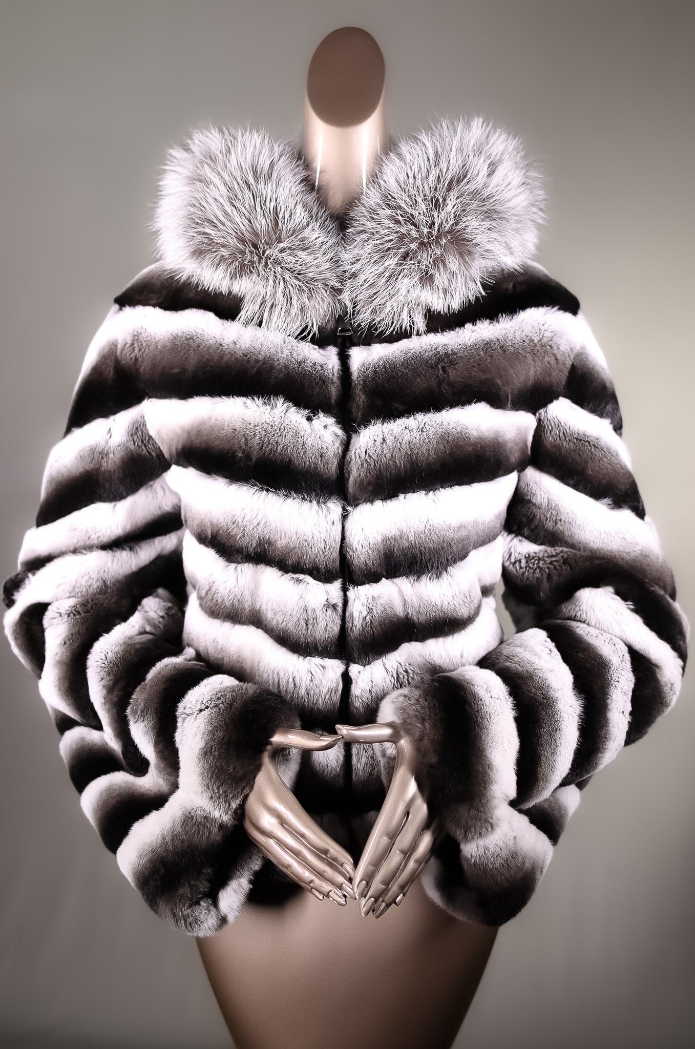 Chinchilla REX Rabbit Chevron-Paneled Hooded Reversible Jacket