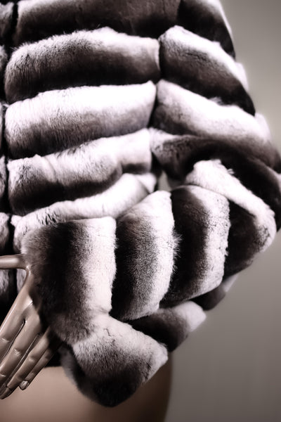 Chinchilla REX Rabbit Chevron-Paneled Hooded Reversible Jacket