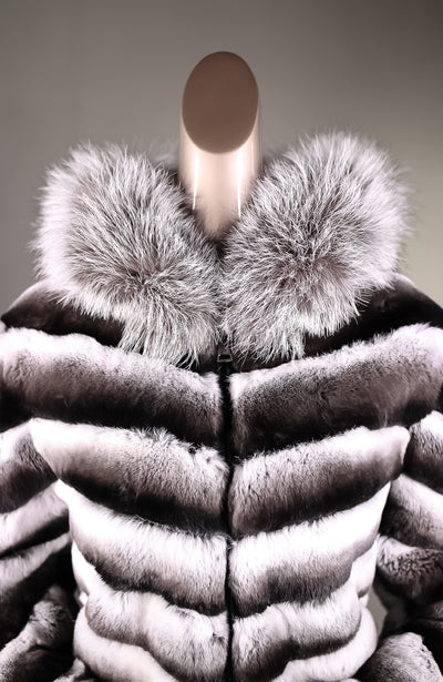 Chinchilla REX Rabbit Chevron-Paneled Hooded Reversible Jacket