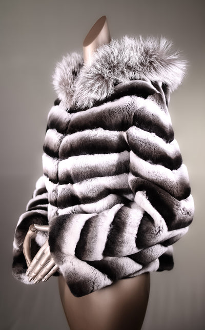 Chinchilla REX Rabbit Chevron-Paneled Hooded Reversible Jacket