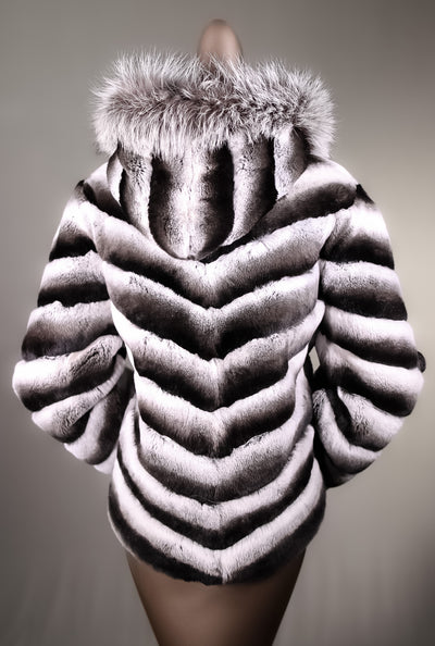 Chinchilla REX Rabbit Chevron-Paneled Hooded Reversible Jacket