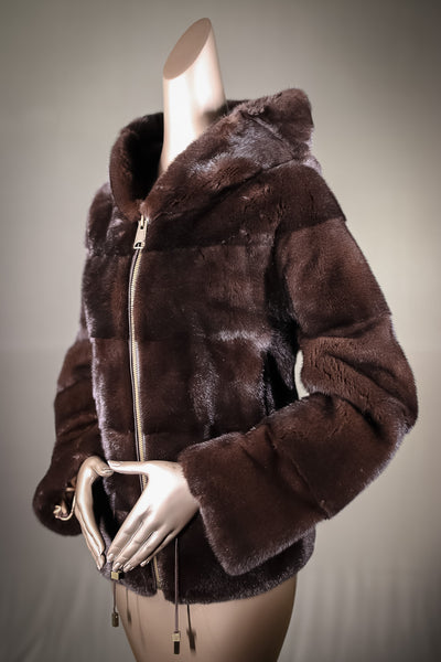 Full-Skin Horizontal-Paneled Mink Hooded Jacket