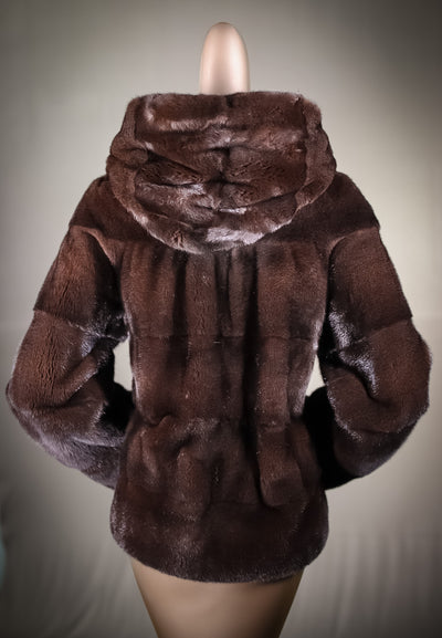 Full-Skin Horizontal-Paneled Mink Hooded Jacket