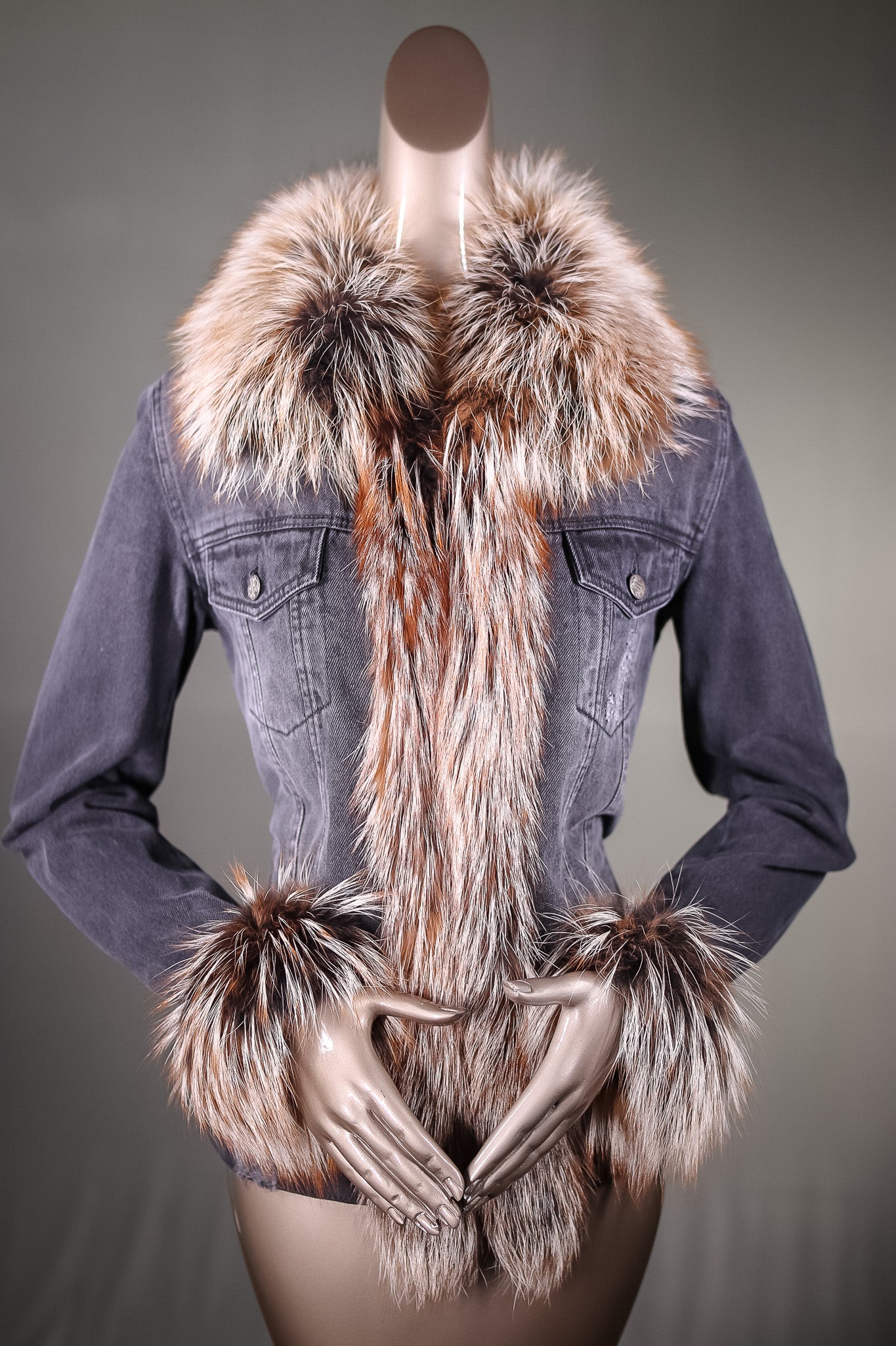 Denim Jacket with Dyed Silver Fox Tuxedo and Cuffs