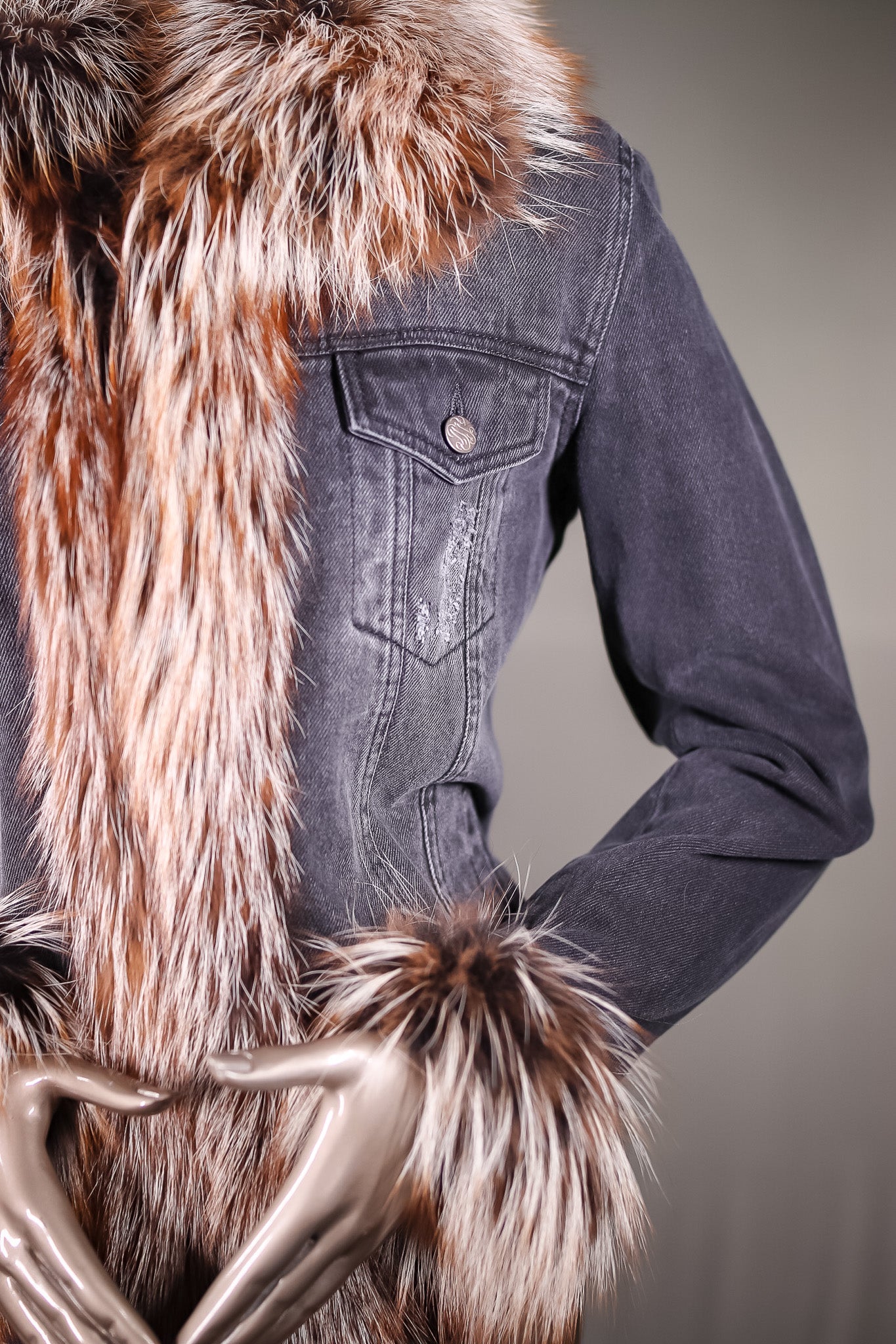 Denim Jacket with Dyed Silver Fox Tuxedo and Cuffs