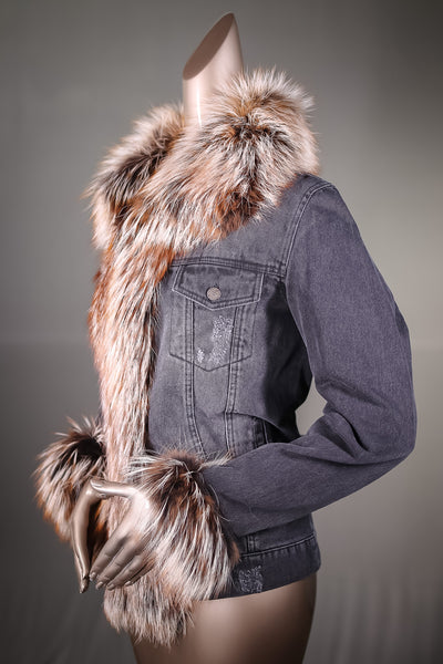 Denim Jacket with Dyed Silver Fox Tuxedo and Cuffs
