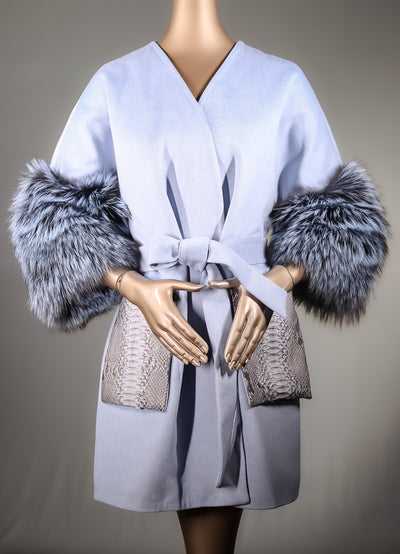 Italian Cashmere Belted Cape with Python Pockets and Silver Fox Sleeves