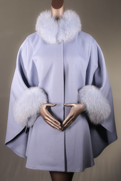 Italian Loro Piana Woven Wool Cape with Fox Collar and Cuffs