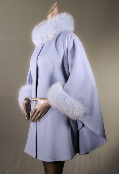 Italian Loro Piana Woven Wool Cape with Fox Collar and Cuffs