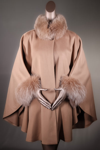 Italian Loro Piana Woven Wool Cape with Fox Collar and Cuffs