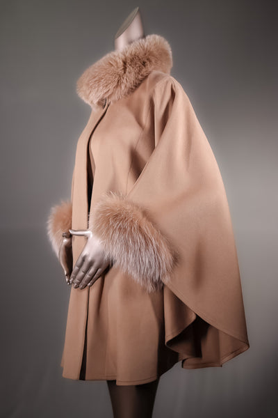 Italian Loro Piana Woven Wool Cape with Fox Collar and Cuffs