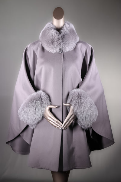 Italian Loro Piana Woven Wool Cape with Fox Collar and Cuffs