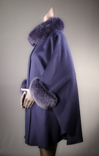 Italian Loro Piana Woven Wool Cape with Fox Collar and Cuffs