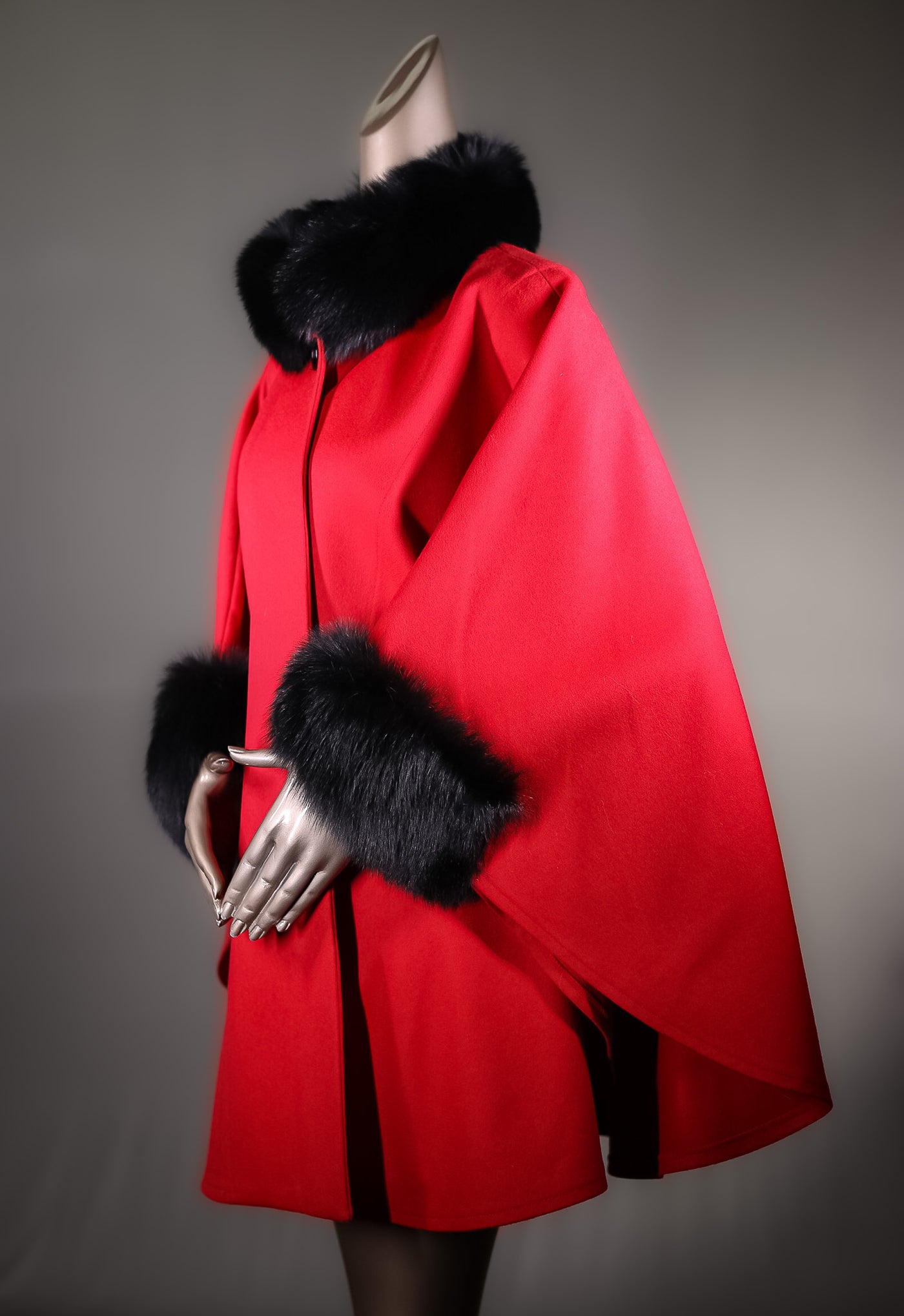 Italian Loro Piana Woven Wool Cape with Fox Collar and Cuffs